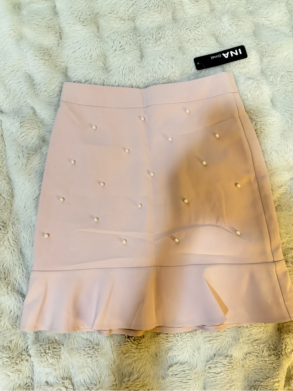 INA Pale Pink Pearl-Studded A-Line Ruffle Hem Skirt